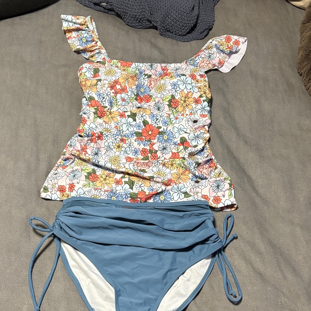 Kids Floral Tankini Swim Set in Multicolor and Blue